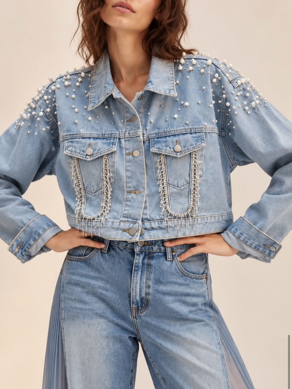 High-Rise Light Blue Pearl-Embellished Women's Jeans